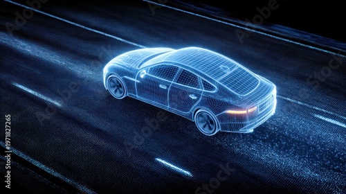 Digital car model on road with glowing blue dots and lines, futuristic technology concept for autonomous vehicle, smart transport and innovation in automotive industry.