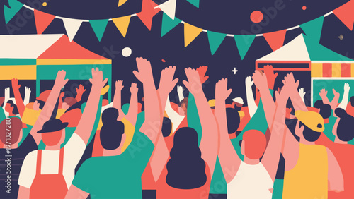 Illustration Of Festival Crowd With Hands Raised Vector Design Template