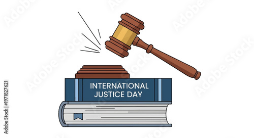 International Justice Day, law books, gavel icon, legal symbols, justice illustration
