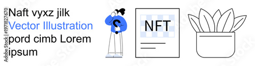 Blockchain, NFTs, cryptocurrency, digital assets, branding design. Person thinking NFT document potted plant. Blockchain and NFTs concepts. Line metaphor. Simple line icons