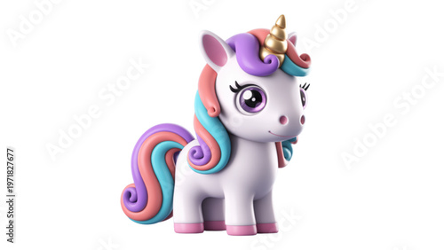 A magical unicorn with a rainbow mane and horn standing gracefully. Vector
