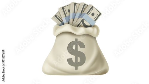 A beige sack filled with various us dollar banknotes spilling out of the top. Vector
