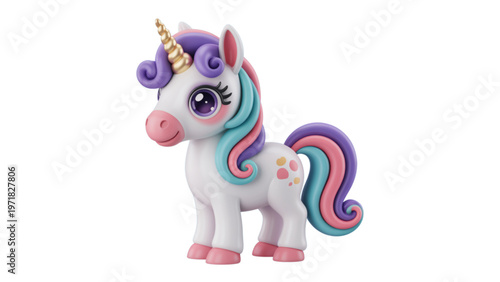 A colorful unicorn toy with a rainbow mane and tail standing on four legs Vector