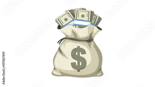 Money-filled sack with dollar sign symbol and dollar bills spilling out Vector