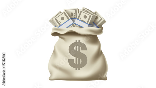 A sack filled with various dollar bills representing wealth and financial abundance. Vector