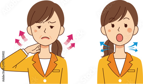 neck pain, sore throat, voice problem, hoarseness symptoms, health illustration, medical concept, throat discomfort, inflammation, breathing exercise, cartoon character design