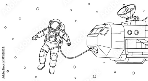 Astronaut, Space Suit, Spacecraft, Vector Illustration, Space Exploration, Black and White