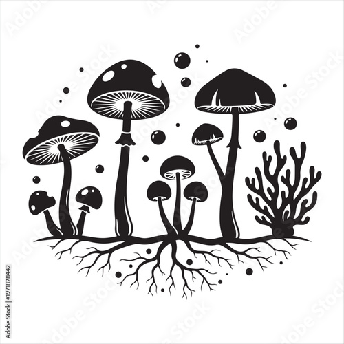 A group of mushrooms growing in a whimsical forest with roots and spores