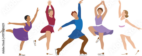 Modern vector of dancing figures in various poses with dresses and movement expressive choreography illustration set