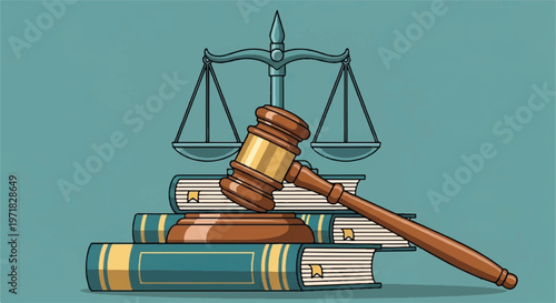 Law, justice, gavel, and books, legal scales vector, courtroom, lawyer, judiciary