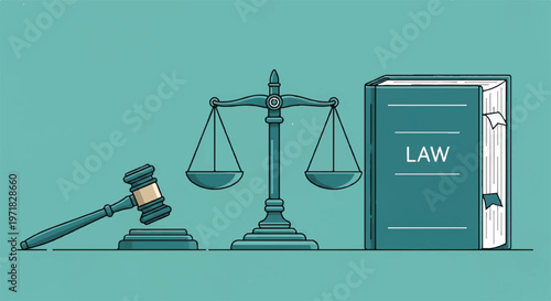 Law, justice, scales, gavel, and legal book, vector icons
