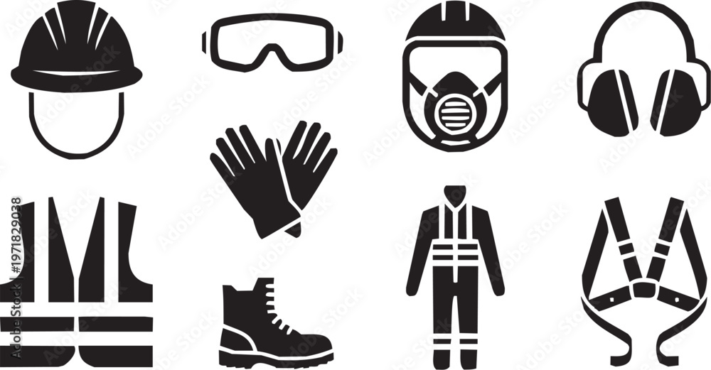 Fototapeta premium Safety gear vector illustration for industrial tattoo or protective logo. Glyph pictograms of gloves, respirator mask and vest. Vector illustration isolated on transparent background