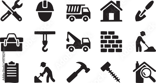 Construction icons vector illustration for industrial tattoo or building logo. Glyph pictograms of truck, house and worker. Vector illustration isolated on transparent background