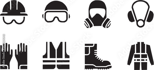 Safety equipment vector illustration for industrial tattoo or protective logo. Glyph pictograms of goggles, respirator mask, vest and boot. Vector illustration isolated on transparent background