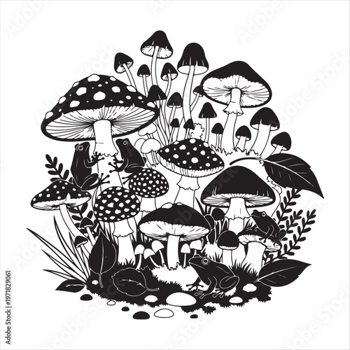 A cluster of various mushrooms and fungi in a natural forest environment setting