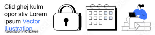 Data security, privacy management, remote work, time planning, cybersecurity, scheduling concept. Lock symbol, calendar graphic woman with laptop. Data security and privacy management visuals