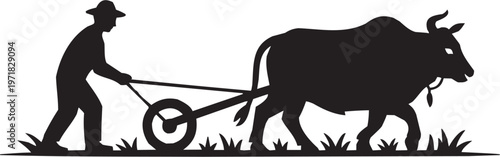 Agriculture plowing vector illustration for farming tattoo or rural logo. Glyph pictograms of worker using hoe tool. Vector illustration isolated on transparent background