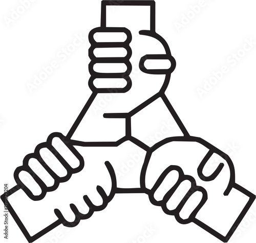 Unity solidarity vector illustration for teamwork tattoo or corporate logo. Glyph pictograms of three hands gripping wrists in triangular formation. Vector illustration isolated on transparent backgro