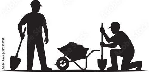 Construction labor vector illustration for industrial tattoo or building logo. Glyph pictograms of worker pushing wheelbarrow. Vector illustration isolated on transparent background