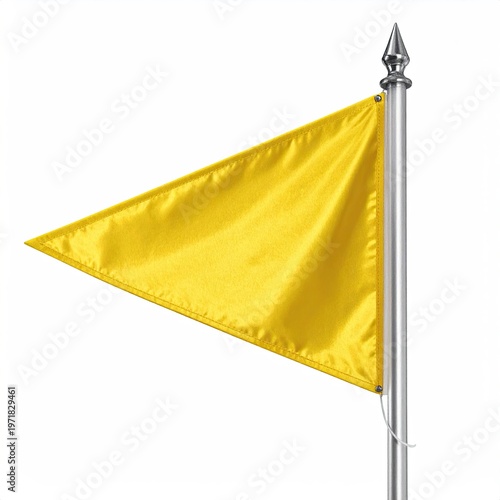 Bright yellow pennant flag waving on a metal flagpole against a clean white background minimalist design vibrant color and modern aesthetic