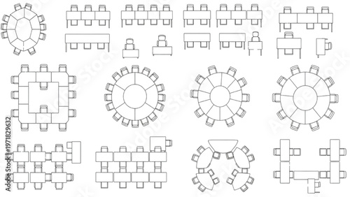 Top-view vector illustrations of various table and chair arrangements for event planning and office design