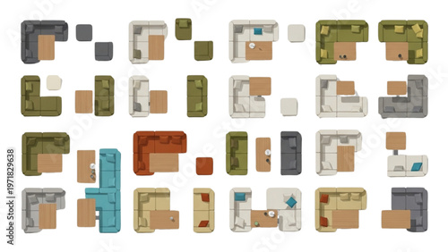 Top-down view of various sectional sofa arrangements with coffee tables in living room settings