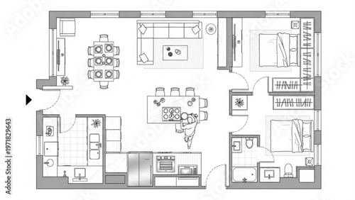 Top-down view of a spacious two-bedroom apartment, depicting detailed interior design and functional room distribution for residential development