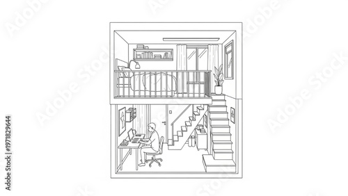 Cozy loft apartment interior with a desk area and staircase leading upstairs