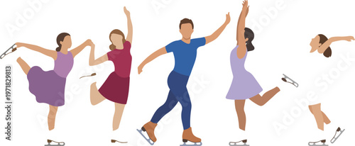 Modern vector of dancing figures in various poses with dresses and movement expressive choreography illustration set