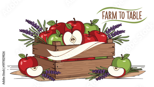 Fresh Farm To Table Apples Crate Illustration - Healthy Food Concept
