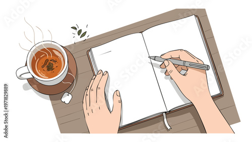 Photos Business Planning & Note Taking: Hands Writing in Journal with Hot Tea
