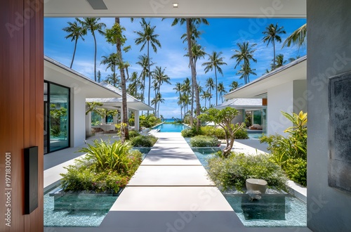 Luxury tropical resort with swimming pool and garden area