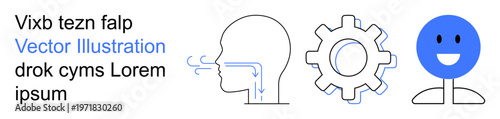 Healthcare, mechanical engineering, emotions, education, conceptual design, visual . Line art of a breath profile, a gear and a happy face. Healthcare and mechanical engineering concept