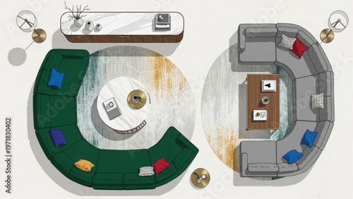Overhead Perspective of Modern Living Room Layouts with Stylish Furniture and Elegant Home Decor Concepts
