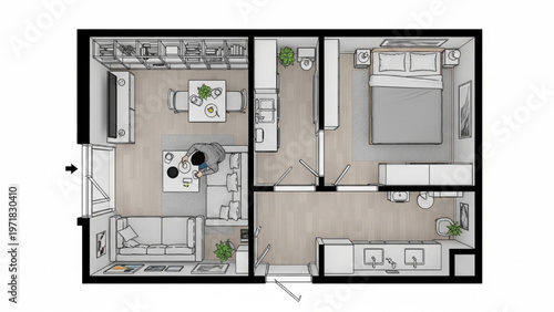Cozy one-bedroom apartment floor plan with modern living, dining, and kitchen areas