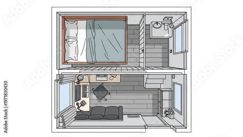 Modern Studio Apartment Floor Plan with Integrated Workspace and Sleeping Area, Compact Residential Interior Layout CAD Style