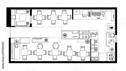 Restaurant Floor Plan CAD Layout with Dining Area and Commercial Kitchen, Architectural Blueprint for Hospitality Design