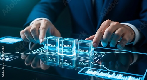 Businessman hands arranging glowing glass cubes with strategy planning and progress labels on a futuristic digital interface for corporate success