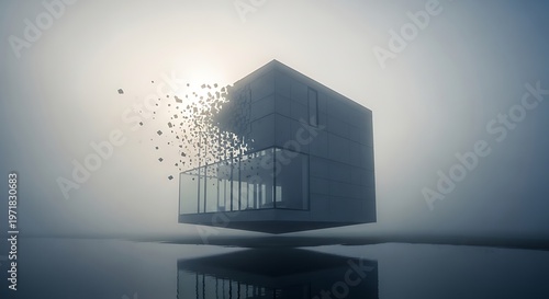 A surreal modern house appears to be dissolving into the air with a serene and peaceful atmosphere