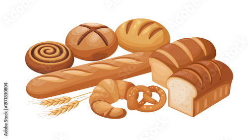 Assorted freshly baked breads displayed in a rustic arrangement Vector