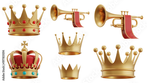 Vibrant collection of royal crowns and musical instruments in golden hues Vector