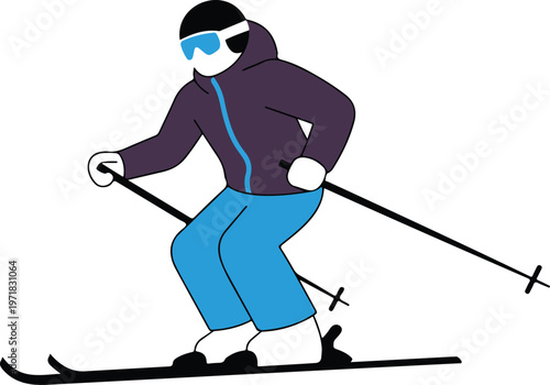 Flat vector of skier in action wearing jacket, ski pants, goggles, and mask winter sports activity illustration