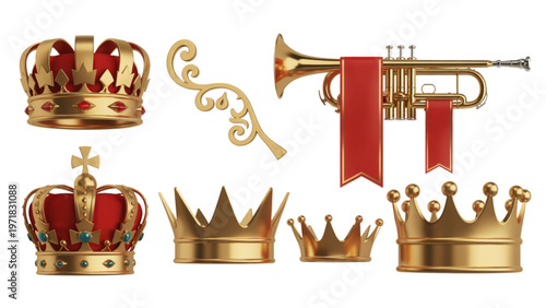 Vintage royal and musical instruments icon set featuring crowns and brass instruments Vector
