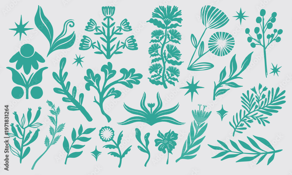 Fototapeta premium Stylized hand drawn botanical design elements, a vibrant collection of flowers, leaves, and abstract natural shapes, perfect for creative graphic art and decorative projects