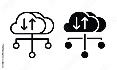 Cloud Computing Download Upload Arrows Network Hub Line Solid Black Vector Icons