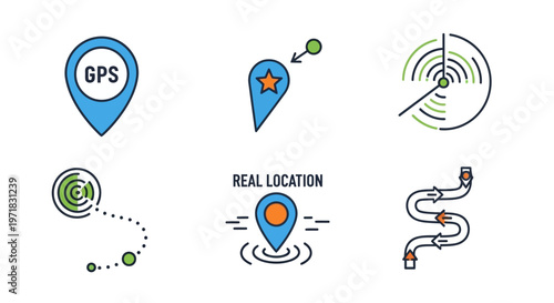 Navigation icons and location symbols.