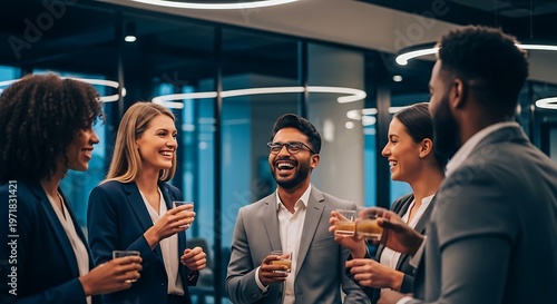 Multiethnic business professionals laughing and networking during a corporate social party in a modern office with circular lights at night time