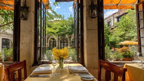 Prepared table setting inside building overlooks lush green courtyard garden with sunny outdoor seating