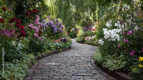 Winding cobblestone path meanders through a lush, verdant garden overflowing with vibrant blossoms.