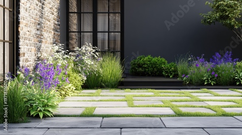 Modern home exterior features a landscaped entry area with lush greenery and flowering plants